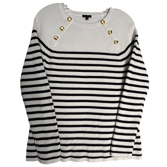 Talbots Cream Navy Nautical Crewneck Breton Stripe Sweater Sz S 100% Pima Cotton - Picture 6 of 15